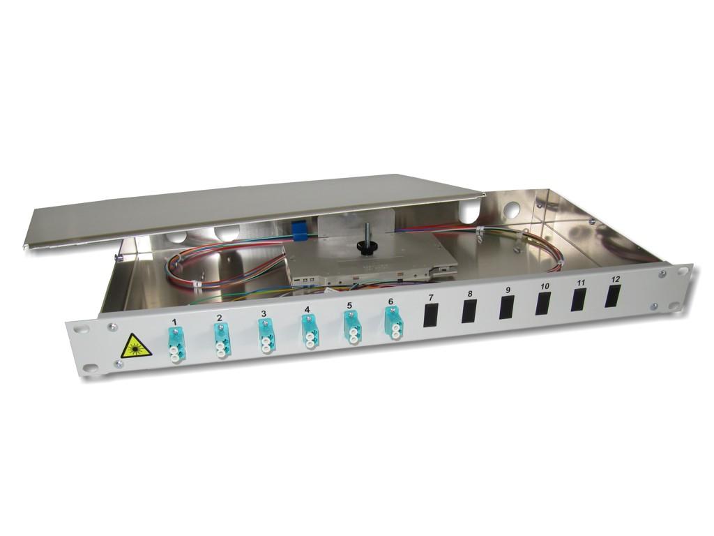 FPF-6LCD-53-19-LWL-Panel-6-LC-duplex-OM3 19" LWL Spleißbox 1HE 6xLC-duplex 50/125µm OM3 komplett spleißfertig mit Kupplungen und Pigtails bestückt