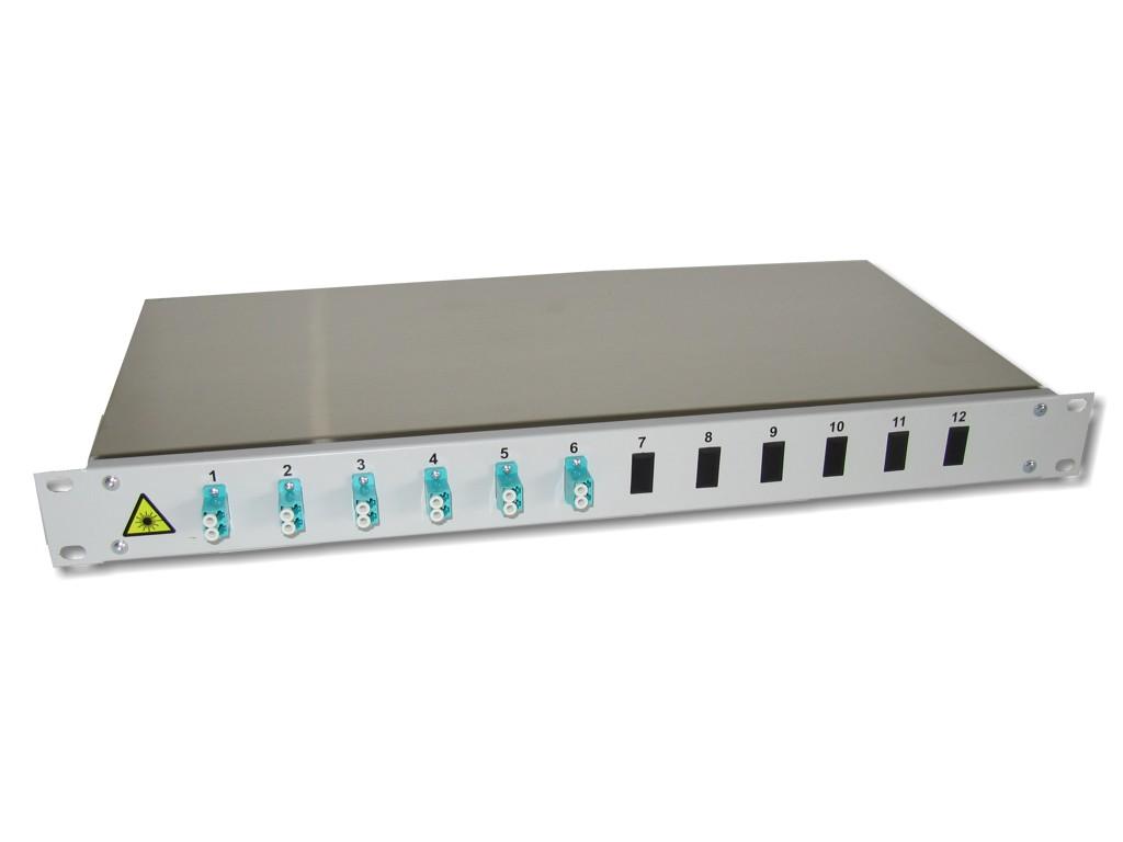 19" LWL Panel 1HE 6xLC-duplex 50/125µm OM3 komplett spleißfertig mit Kupplungen und Pigtails bestückt