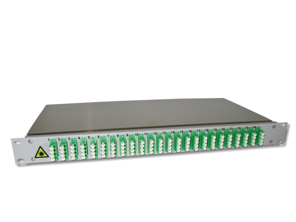 19" LWL Panel 1HE 24x LC/APC quad 9/125µm OS2 komplett spleißfertig mit Kupplungen und Pigtails bestückt
