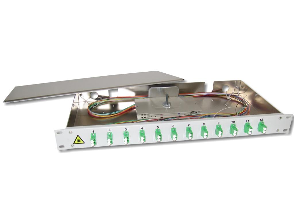 19" LWL Spleißbox 1HE 12 x LC/APC-duplex 9/125µm OS2 komplett spleißfertig mit Kupplungen und Pigtails bestückt