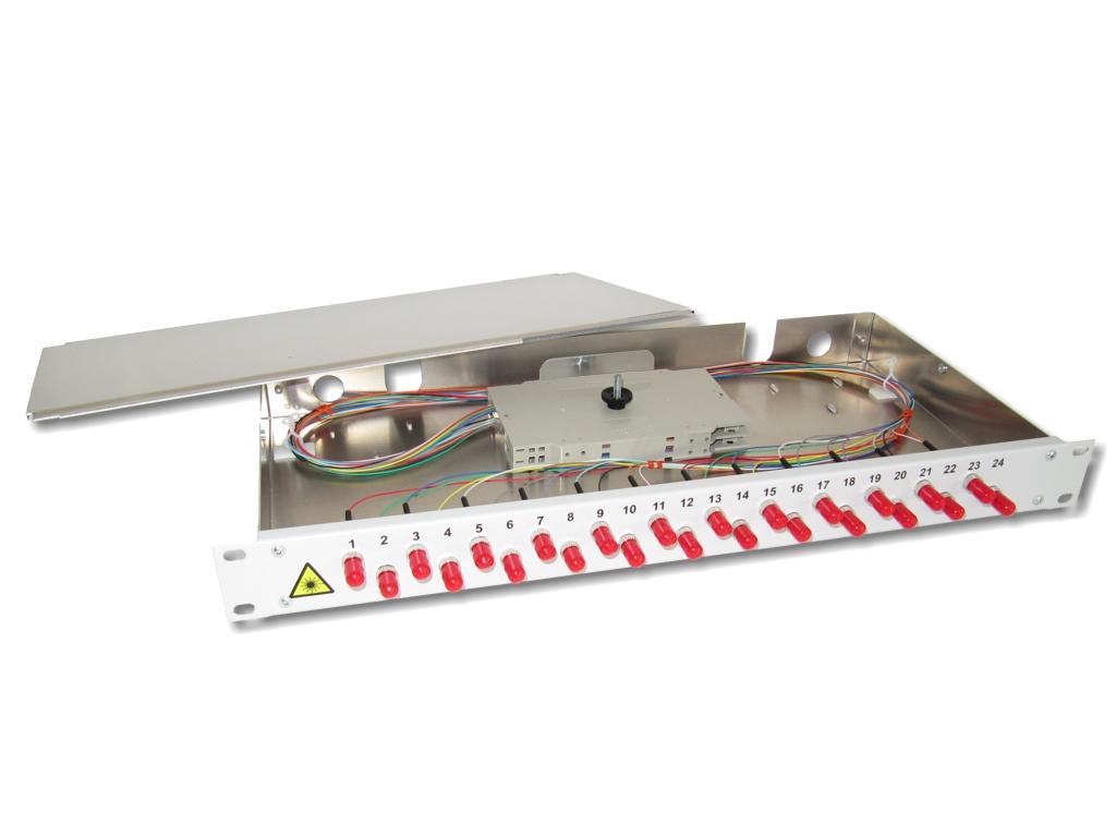 19" LWL Spleißbox 1HE 24xST 9/125µm OS2 komplett spleißfertig mit Kupplungen und Pigtails bestückt