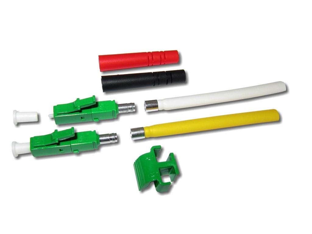 LC/APC duplex Stecker singlemode grün für 2mm Kabel mit rot/schwarzem Knickschutz