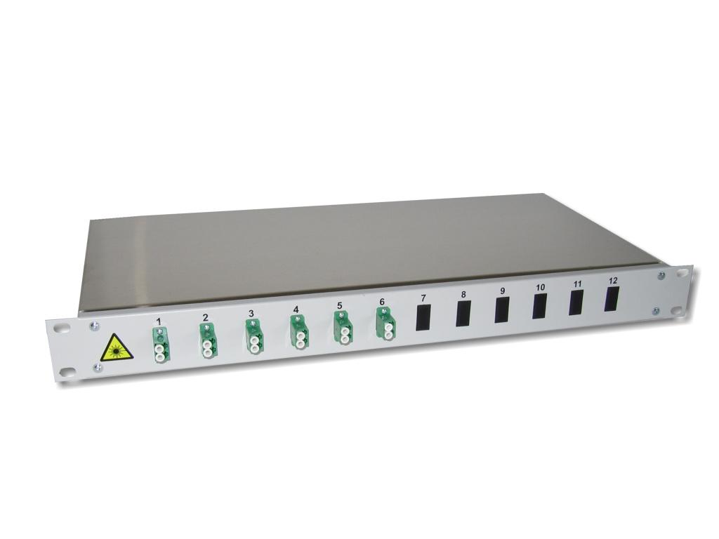 19" LWL Box 1HE 6x LC/APC-duplex 9/125µm OS2 komplett spleißfertig mit Kupplungen und Pigtails bestückt