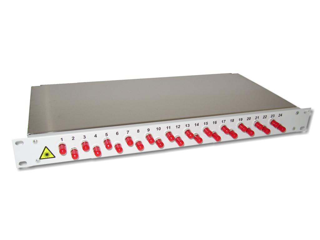 19" LWL Verteiler 1HE 24xST 9/125µm OS2 komplett spleißfertig mit Kupplungen und Pigtails bestückt