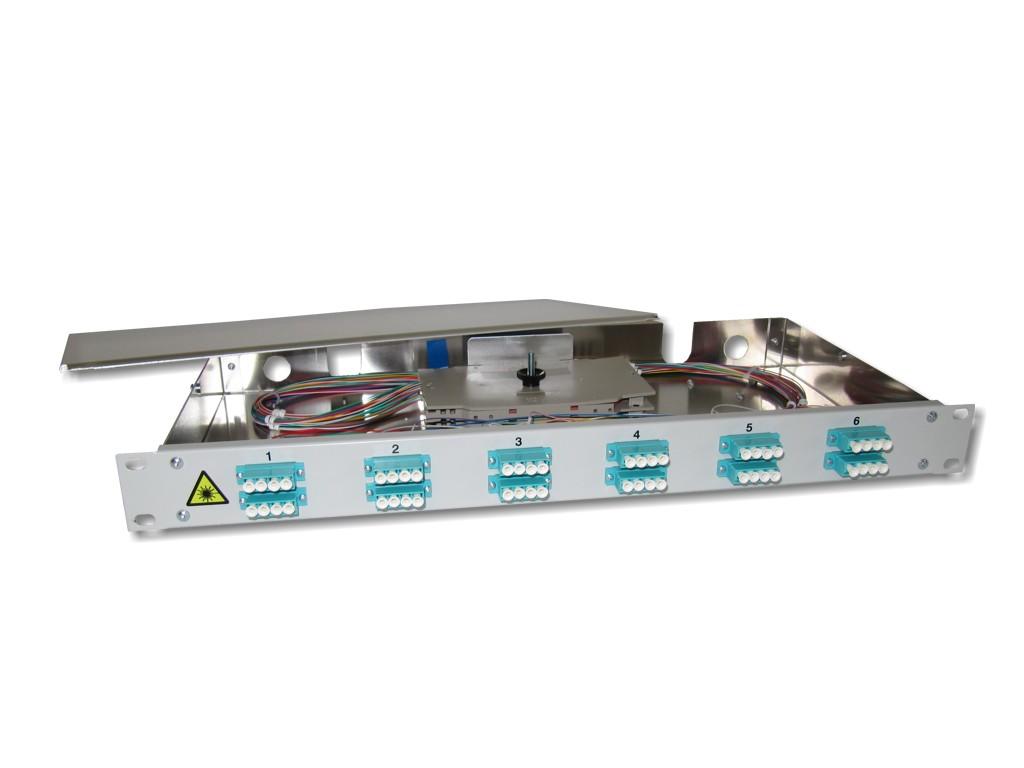 FPF-12LCQ53-19-LWL-Patchpanel-12-LC-quad-OM3 19" LWL Spleißbox 1HE 12x LC quad 50/125µm OM3 komplett spleißfertig mit Kupplungen und Pigtails bestückt