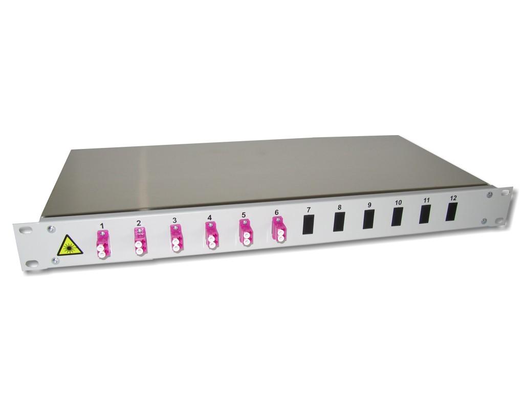 19" LWL Spleissbox 1HE 6xLC-duplex 50/125µm OM4 komplett spleißfertig mit Kupplungen und Pigtails bestückt