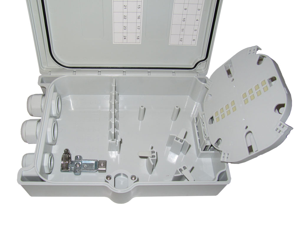 LWL FTTH Hausverteiler IP55 für 24 Fasern und 6 SC duplex oder LC Quad Kupplungen abschliessbar