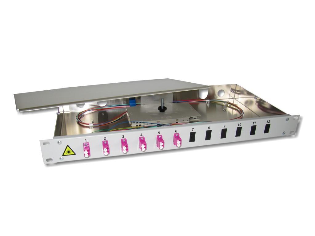 FPF-6LCD-54-LWL-Spleissbox-6-LC-duplex-OM4 19" LWL Spleißbox 1HE 6xLC-duplex 50/125µm OM4 komplett spleißfertig mit Kupplungen und Pigtails bestückt