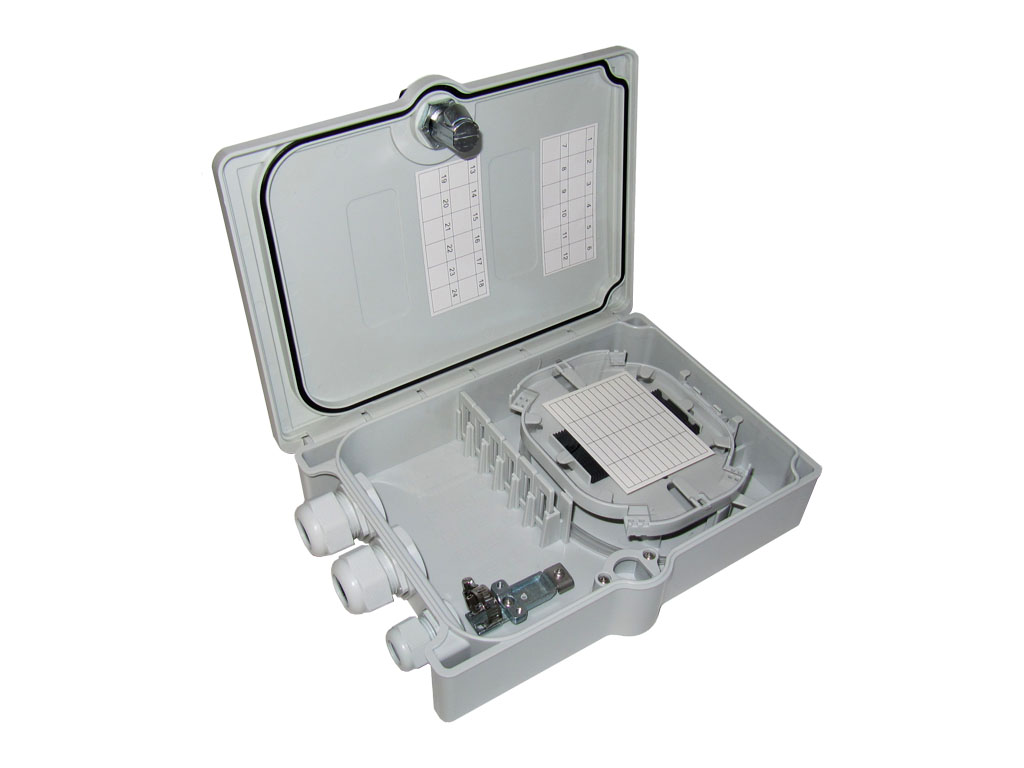 LWL FTTx Wandbox IP55 für 24 Fasern und 6 SC duplex oder LC Quad Kupplungen