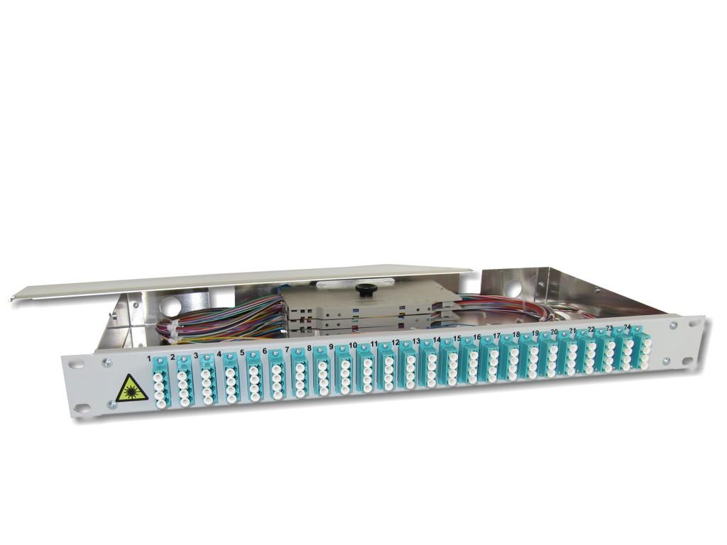 FPF-24LCQ53-19-LWL-Patchpanel-24-LC-quad-OM3 19" LWL Spleißbox 1HE 24x LC quad 50/125µm OM3 komplett spleißfertig mit Kupplungen und Pigtails bestückt