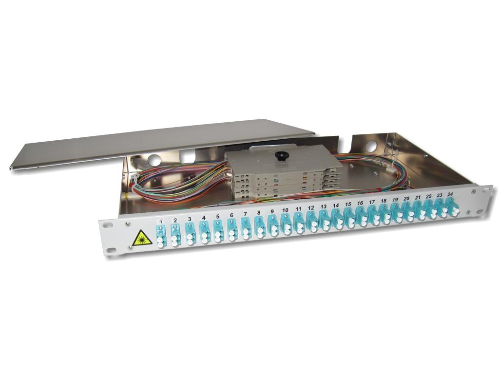 PA24LCD-50-OM3 19" LWL Spleißbox 1HE 24xLC-duplex 50/125µm OM3 komplett spleißfertig mit Kupplungen und Pigtails bestückt